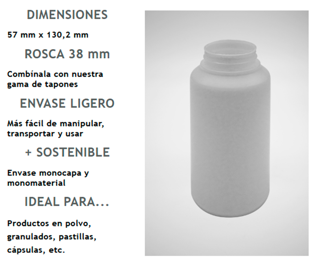 Detalles de la botella 250 ml con rosca 38 mm