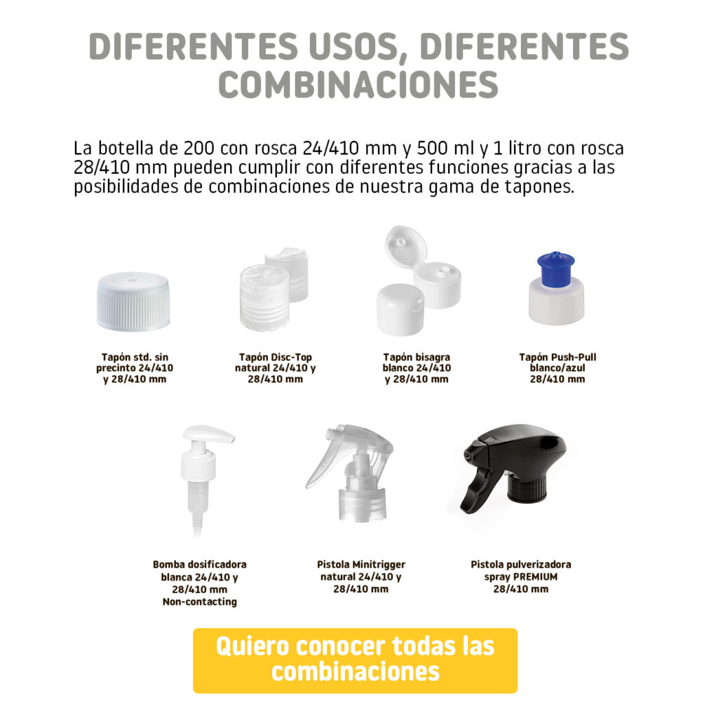 Tapones, bombas dosificadores y pistolas pulverizadoras para combinar con las botellas bullet